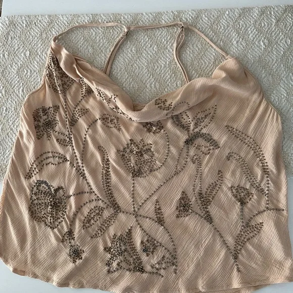 Free People Waiting For You Embellishing Beaded Tan Cami Cowl Neck Adjustable L - Picture 12 of 16